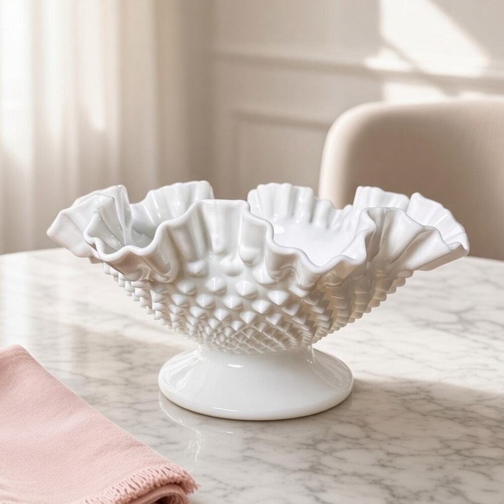 Vintage Fenton Milk Glass Hobnail Ruffled Pedestal Bowl 10.5in 1960s Cottagecore